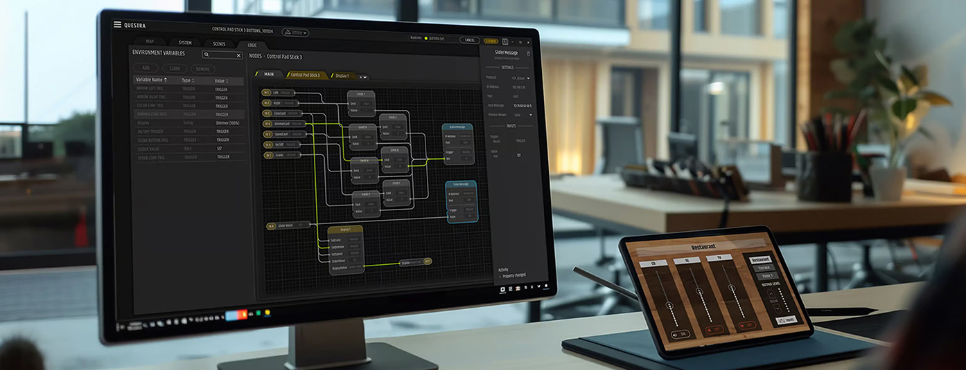 QUESTRA software controlling audio, lighting and video on multiple devices